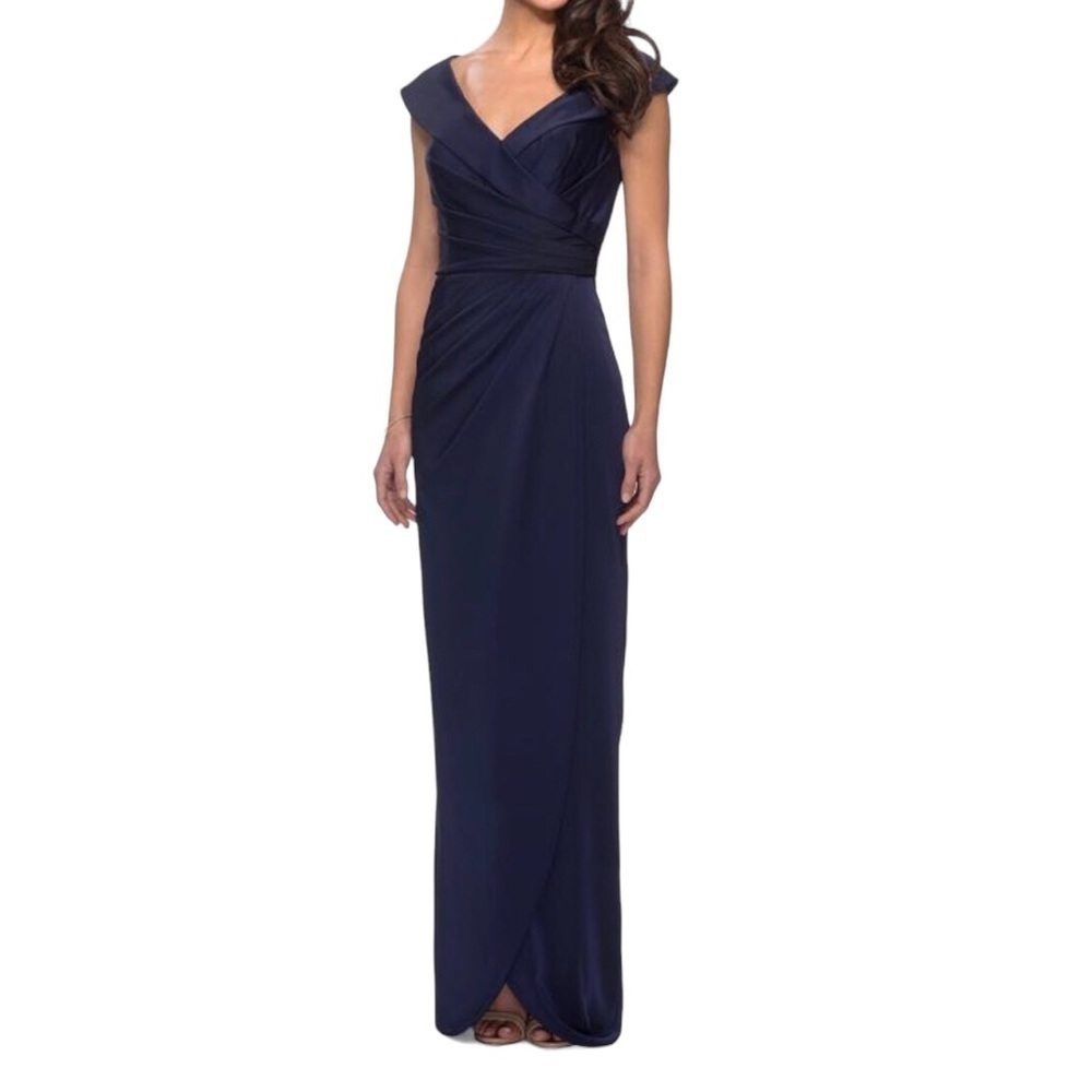 La Femme Surplice Off The Shoulder Column Gown Navy Blue Size 10 Pleaded Bodice - Picture 1 of 8